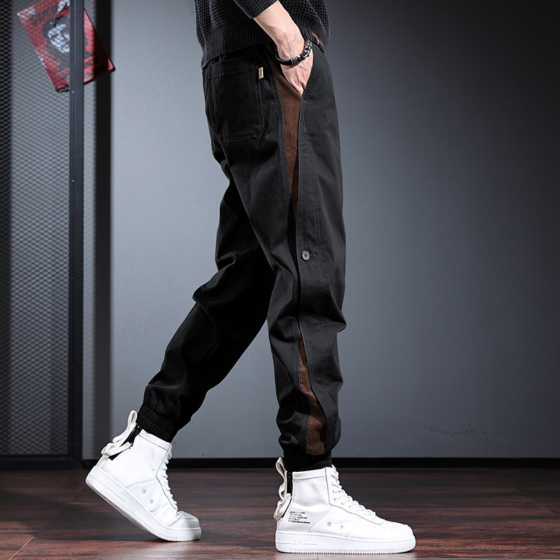 2026 Men's Grey Color Block Utility Pants Fashion Tapered Joggers in Plus Size High End American Casual Wear