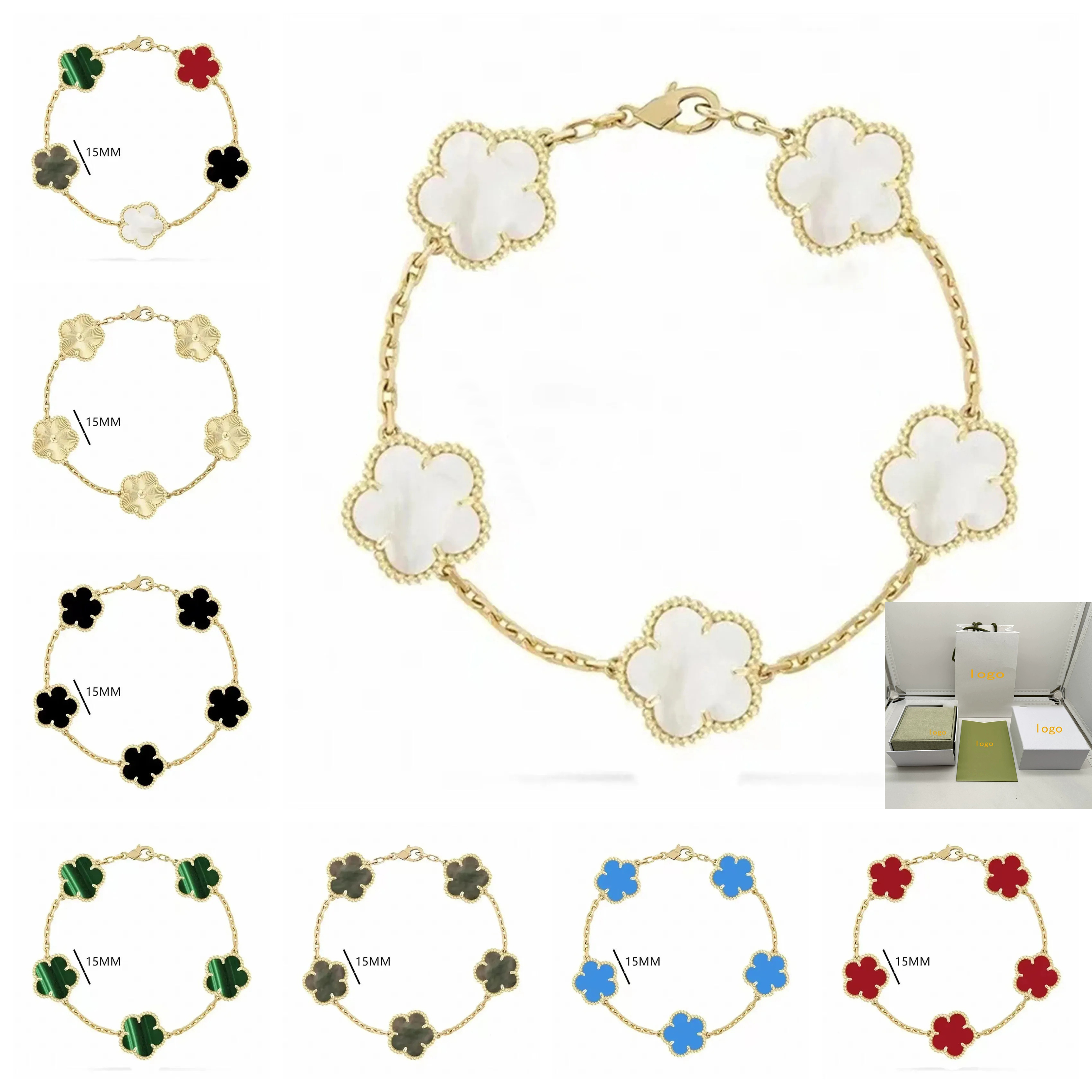 with box luxury 15mm clover bracelet designer jewelry fashion charm bracelets for women 18K gold silver black white red green brand bracelet gold br