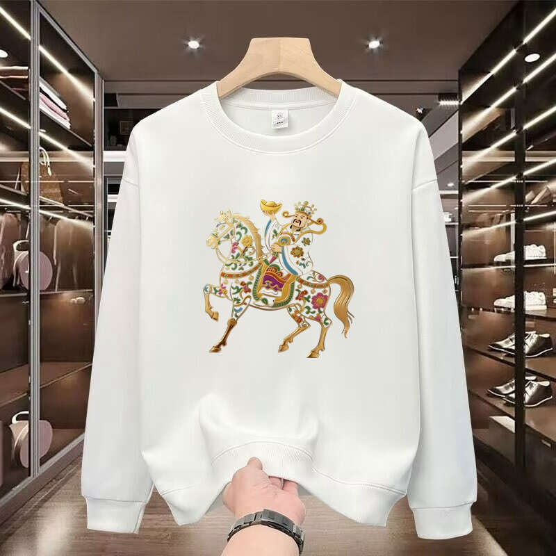 New DesignNational Trend Horse New Printed Sweatshirt For Men Red Round Neck Long Sleeve Fleece Lined Zodiac Year Clothing Warm