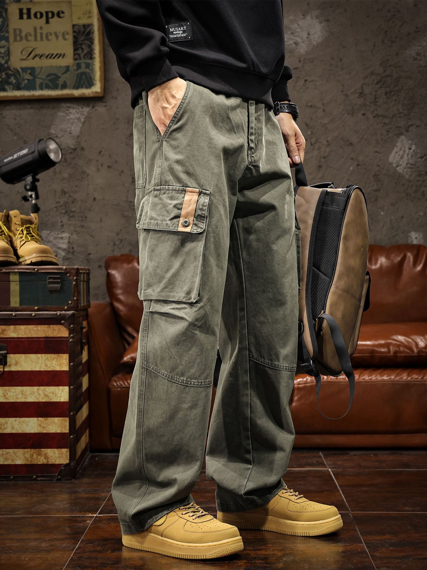 Free Shipping 2026 Premium Men's American Work Pants Fleece Lined Thickened Olive Green Cargo Trousers Relaxed Straight Leg for Fall Winter Spr