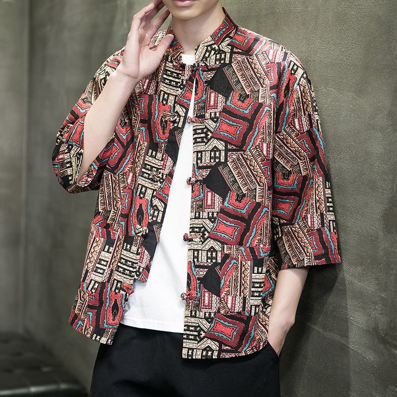 New short-slved 2026 Tang shirt Chinese style disc button mens loose plus size cotton and linen printed shirt thr-quarter slve top L260612