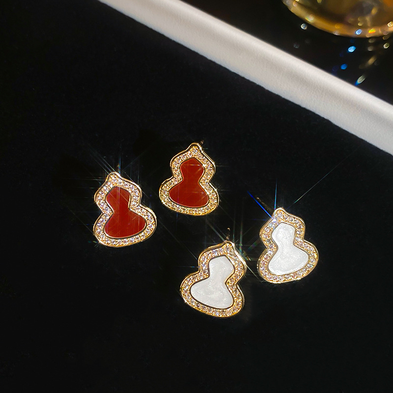 Silver Needle New Chinese Style Oil Drop Zircon Gourd Versatile Fashion Earrings Simple Niche Ear Jewelry Light Luxury High-end Feel-image-1093655520