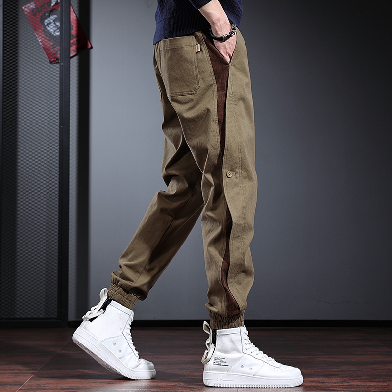 Free Shipping 2026 Men's Grey Color Block Utility Pants Fashion Tapered Joggers in Plus Size High End American Casual Wear