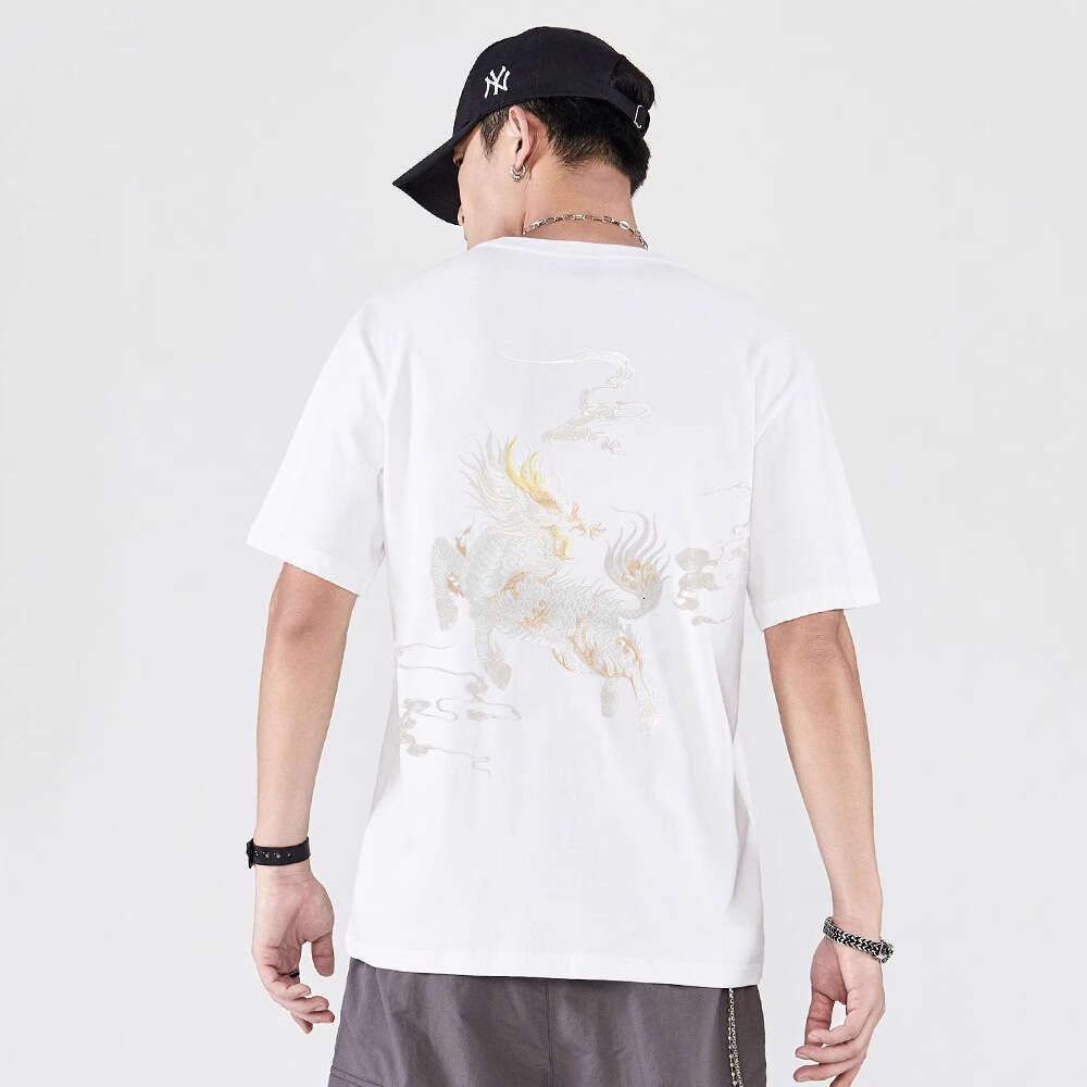 New Chinese Summer Style Trend Kirin Embroidery Loose Fit Oversized Cotton Short Slve T-Shirt For Men L260612
