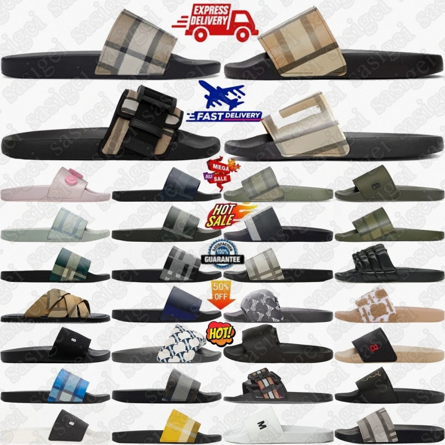 Designer Check Slides Vintage Printing Tartan Slippers Sliders Mens Furley Archive Summer Beige Print Embossed Logo Slide Dark Cerulean Blue Mangrov