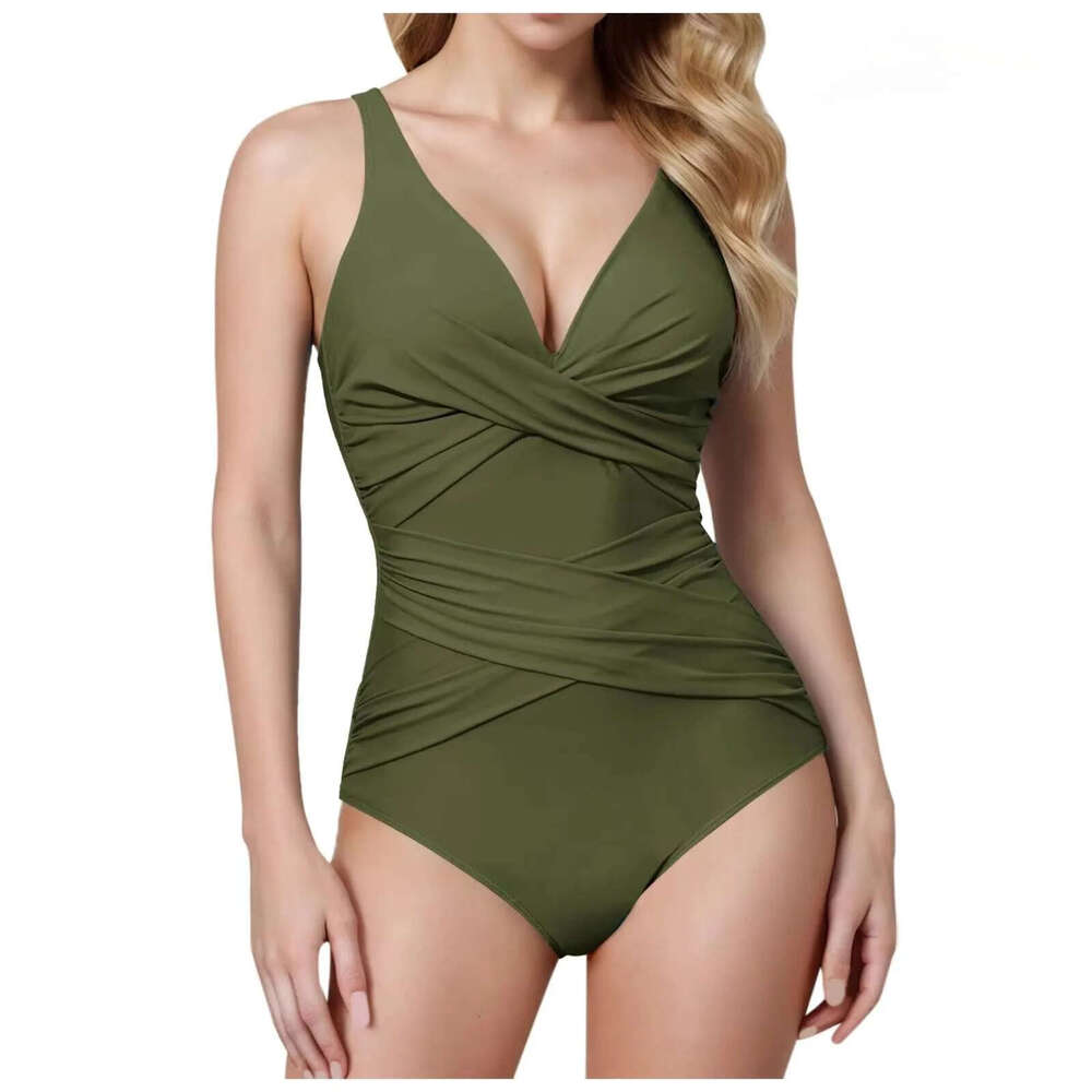 One Piece Swimsuit Women Bathing Retro Ruched Push Up Padded Swimwear Vintage Solid Bikini Female Beachwear Swimming Suit ddmysept XJ260130-image-1093687202