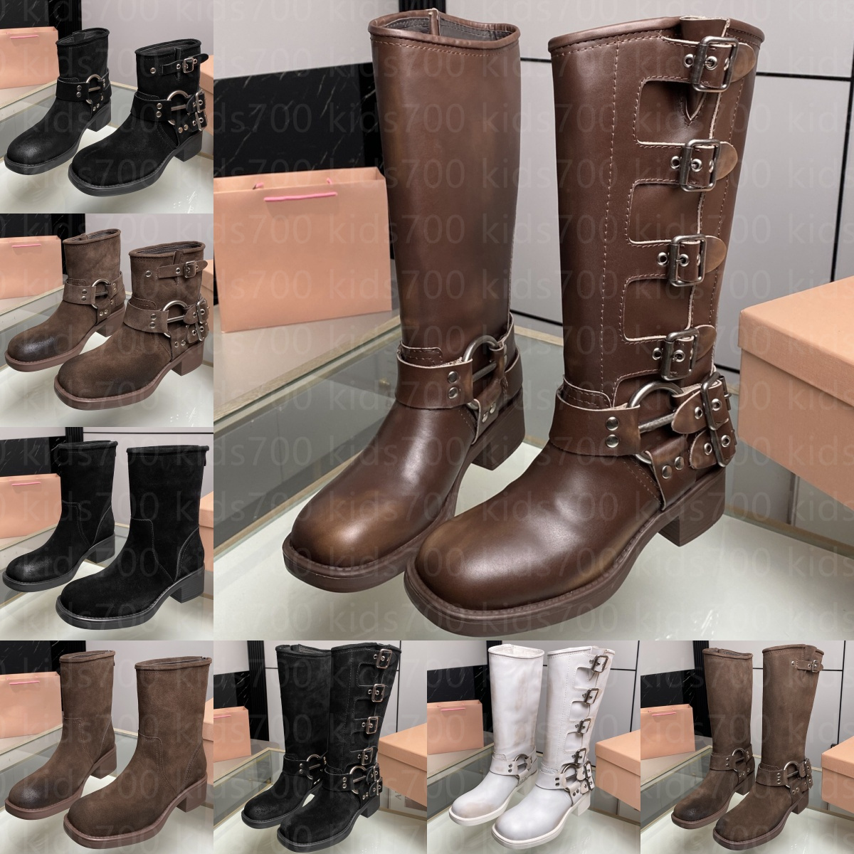 Women Designer Boots Leather Strapped Ankle Boot Luxury Ladies Suede Casual Buckle Martin Boots Low Chunky Heel Black White Brown-image-957375778
