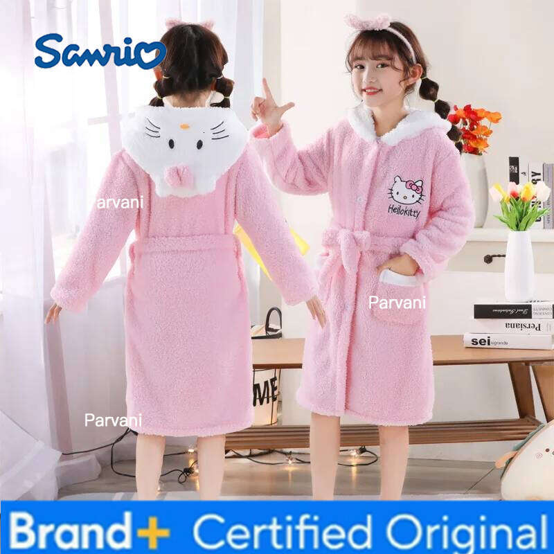 Sanrio Kawaii Hello Kitty Pajamas Coral Velvet Children Girls Heart Cartoon Anime Sleeping Robe Hooded Loungewear Toys for Kids H2601301-image-1093792202