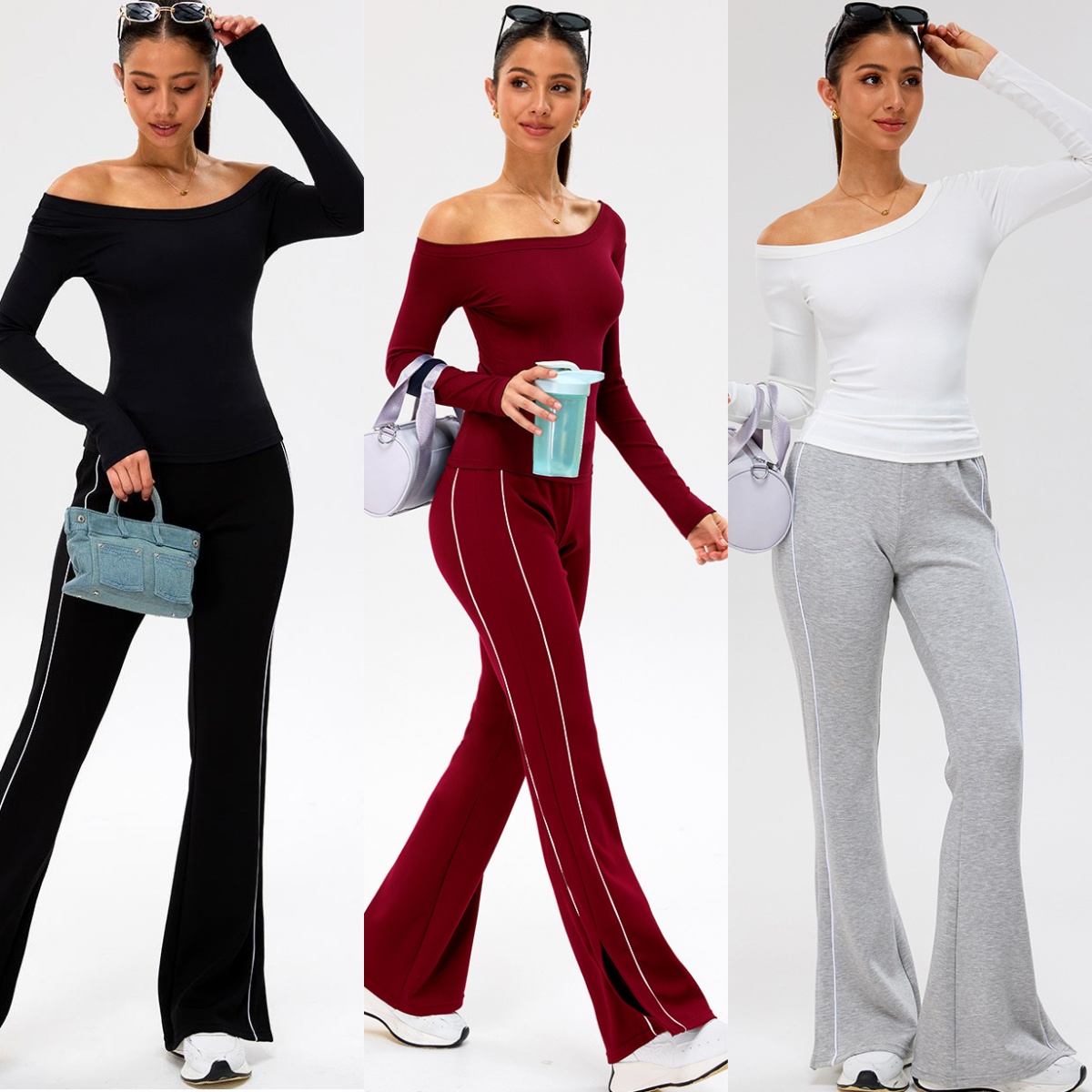 A1842 Conception sans couture chemise d'extérieur respirante jambe large course Fitness pantalons évasés haut de sport à manches longues pour fem
