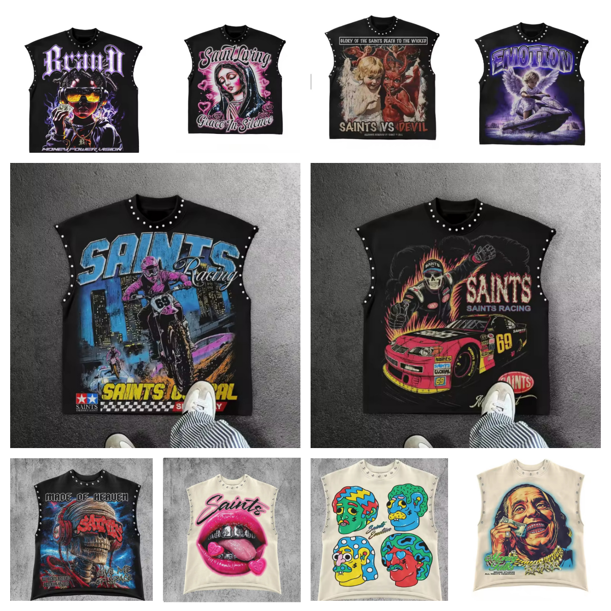 Heren T-shirts Saints Vintage T-shirt Persoonlijkheid Trend Garbage Pure Punk Millennium Subcultuur Y2k Street Hiphop Retro Print Hals Los Zomer T-s