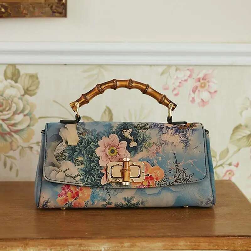 Johnature Sac à main en cuir Cheongsam femme vintage imprimé nouveau sac bandoulière croisé fait main élégant KABAHEBINGJUE