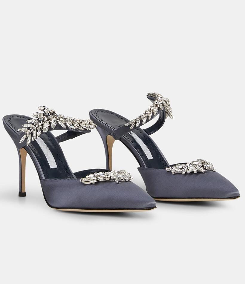 Sandales de styliste pour femmes, chaussures en Satin et cristal, Mules ornées de talons aiguilles, bout pointu, robe de soirée, marche, EU35-43