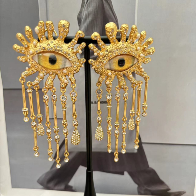 Stud Women Designer Good Quality Real 18K Gold Devil's Eye Tassel Brass Stamp Schiaparelli Stud Drop Earrings Jewelry ET2356