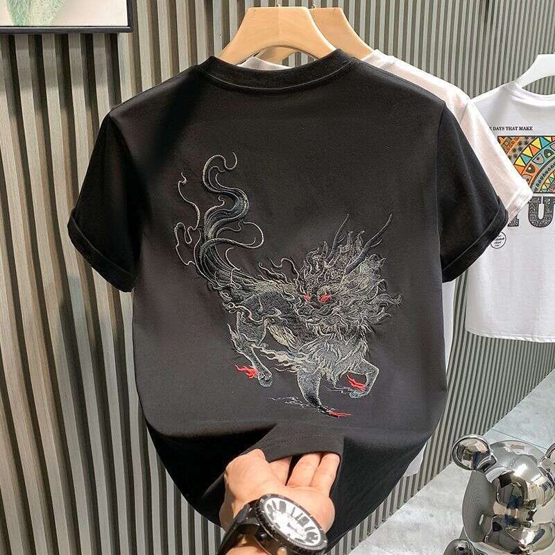 Heavy Industry Kirin Embroidery T-Shirt Large Size Half Loose Short Sleeve National Trend Chinese Style Men's Clothing Luanyun