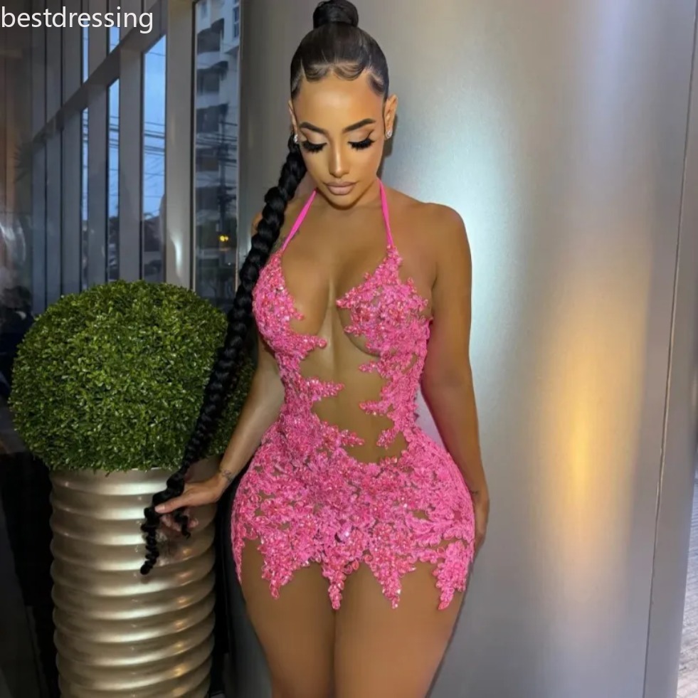 Pink Short Cocktail Dresses For Black Girls Appliques Beaded Halter African American Birthday Party Homecoming Prom Dresses Customized 0126