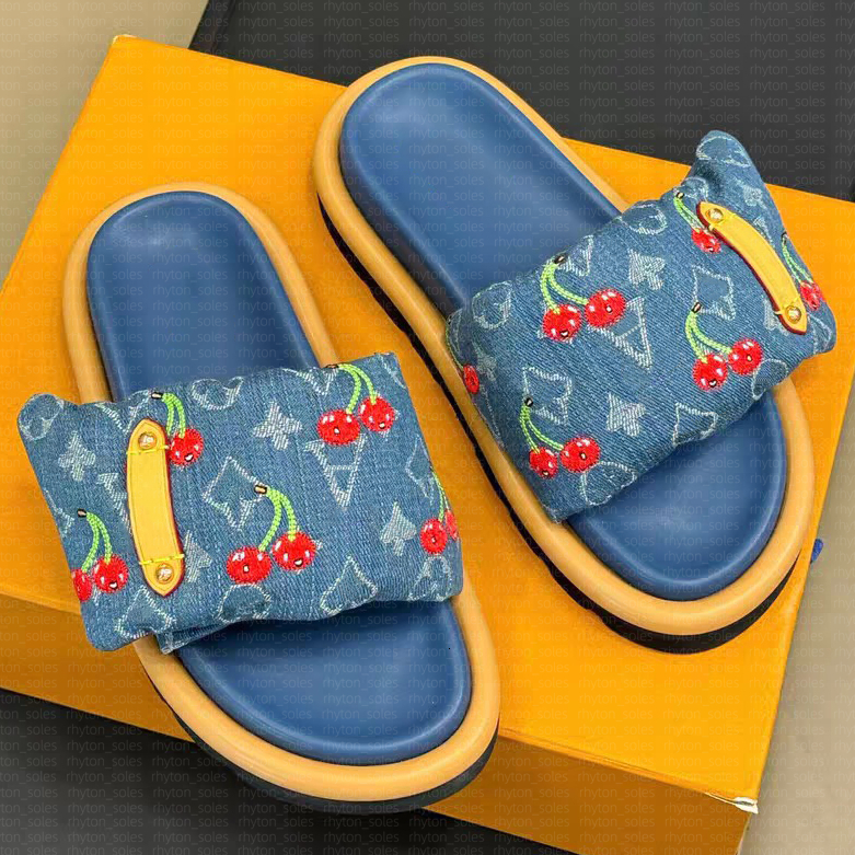 lucky Denim pool pillow Mule Sliders slippers cherry blossom murakami leather slide Designer woman Sandals sunset Comfort Flat Beach Prints Embossed