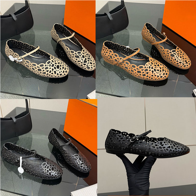 Femmes Meli Ballet Flat Designer Ballerines en cuir de veau sculpté creux H261088Z Dames de luxe Pig Nosed Chaussures plates Semelle extérieure e