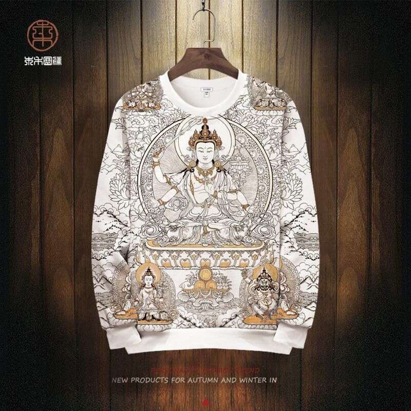 Mens Tshirts Designer Shirts Round Neck Sweatshirt Golden Buddha Deity Pattern Print Long Sleeve Autumn Winter Top Gift For Men