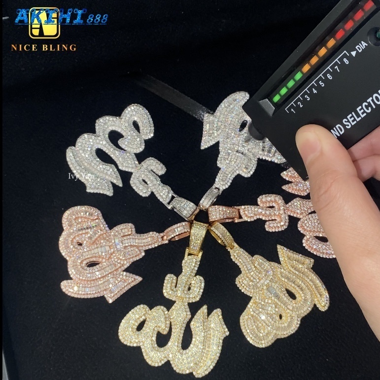 GRA Certificate Custom Made Iced Out Baguette Fine Hip Hop Unisex Jewelry Allah Charms 925 Silver VVS Moissanite Diamond Pendant