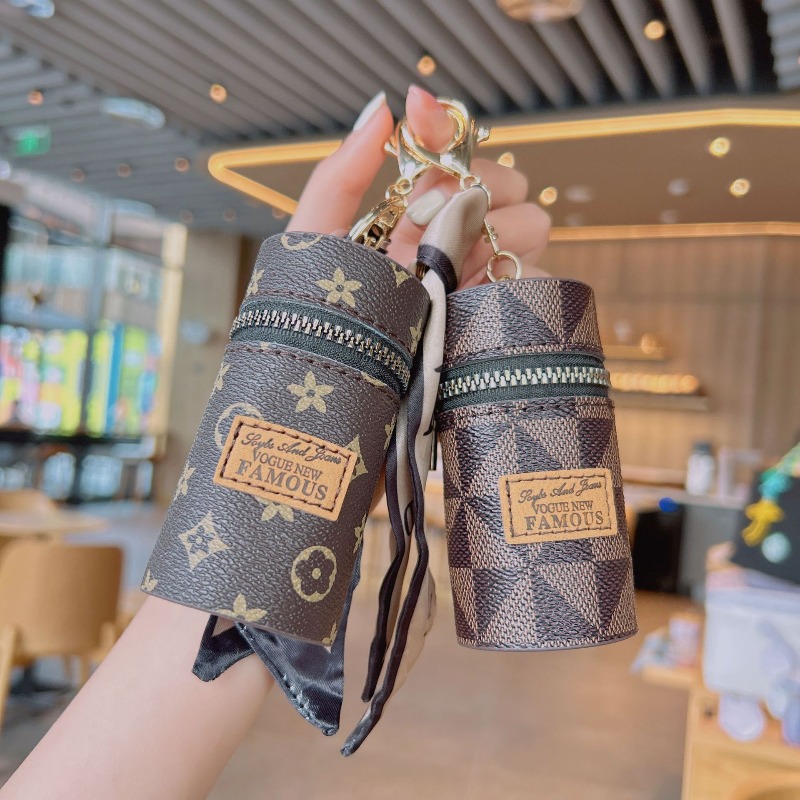 Fashion Jewelry Leather Lipstick Case Keychain Classic Print Portable Mini Pouch Bag Charm with Scarf Detail for Women Purse Accessory-image-1106257652