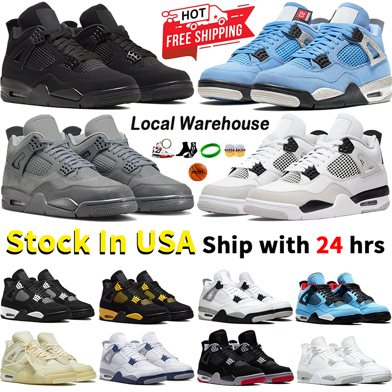 Local Warehouse 4 4s Chaussures de basket-ball Designer Baskets Black Cat White Cement Thunder Bred University Blue Stock aux États-Unis Sports d