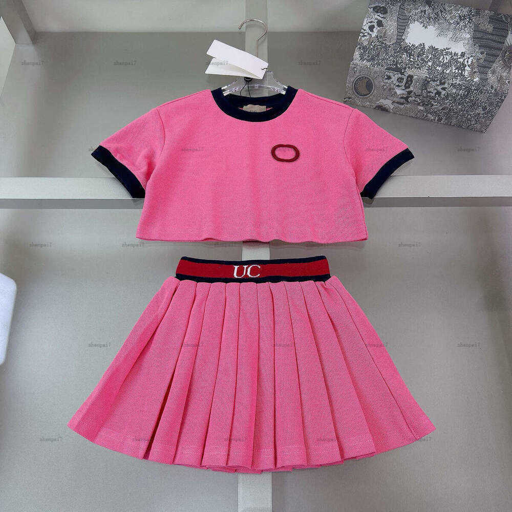 Fashion girls dress suit baby Summer Cotton fabric two-piece kids designer clothes T-shirts and pleated skirt A061X02N026-image-1093803125