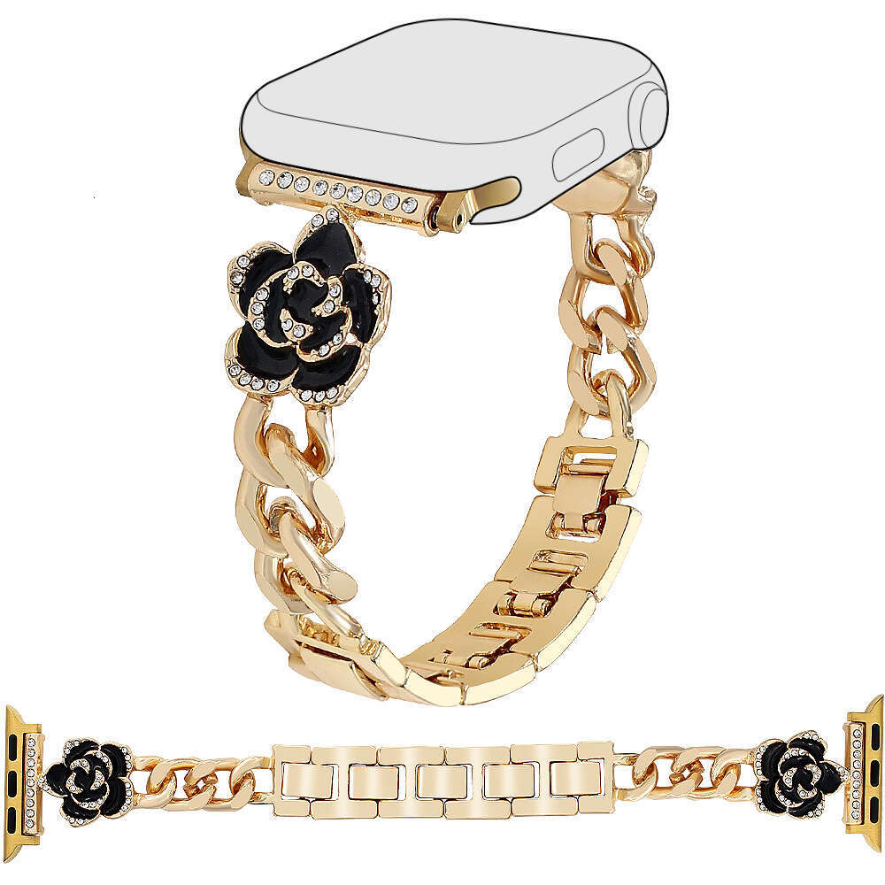 Black Camellia Diamond Gold Alloy Apple Watch Band for iWatch Series 4-9 Ultra SE