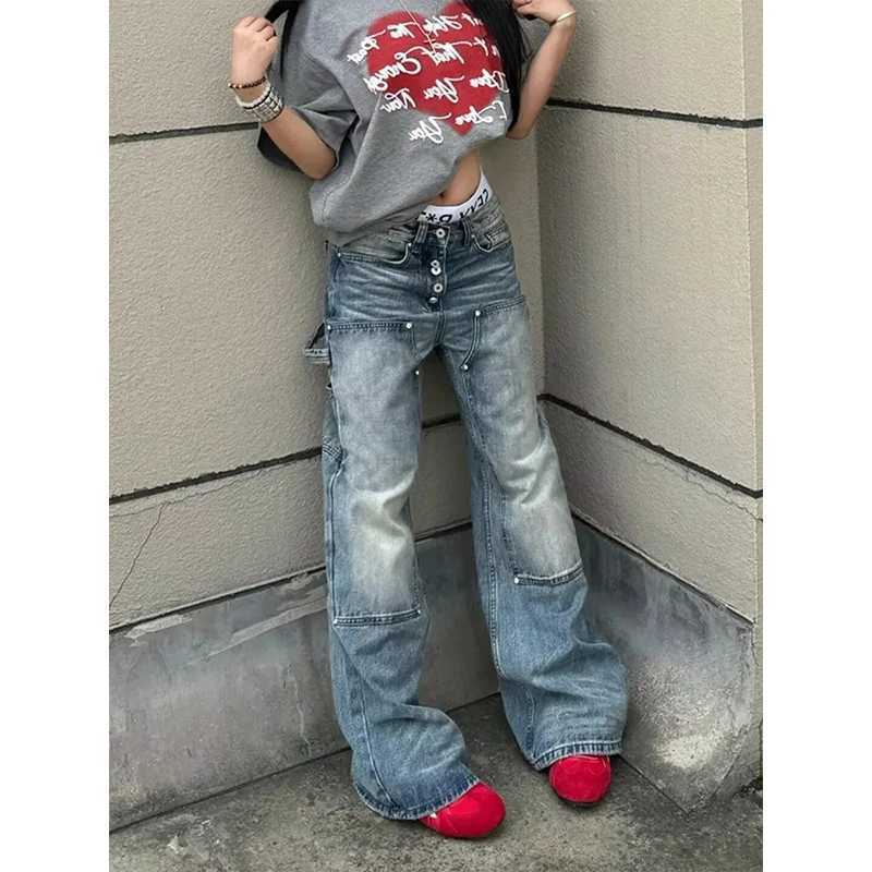 Gothic 2026 Style Vintage Blue Button Fly Baggy Womens Cargo Jeans Pants For Woman Clothing Straight Loose Denim Trousers S2608016O8Y
