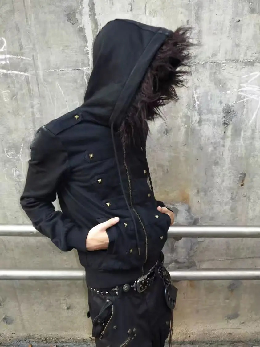Y2K Subculture Rivet Retro Fur Collar Black Zipper Hoodie For Men And Women Gothic Punk Slim Jacket Fashion Hip Hop Streetwear 260731