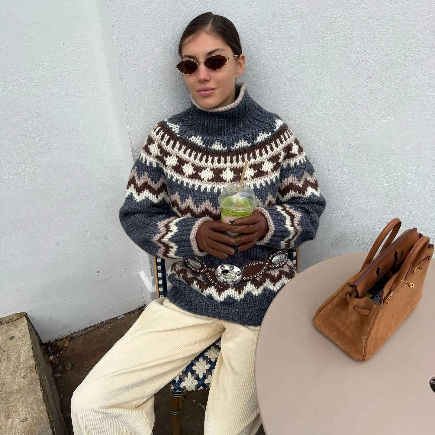 Turtleneck Fair Isle Knit Sweater Vintage Geometric Wave Pattern Thick Chunky Knit Oversized Warm Pullover Valentine Gift 260602 S2608012BU4