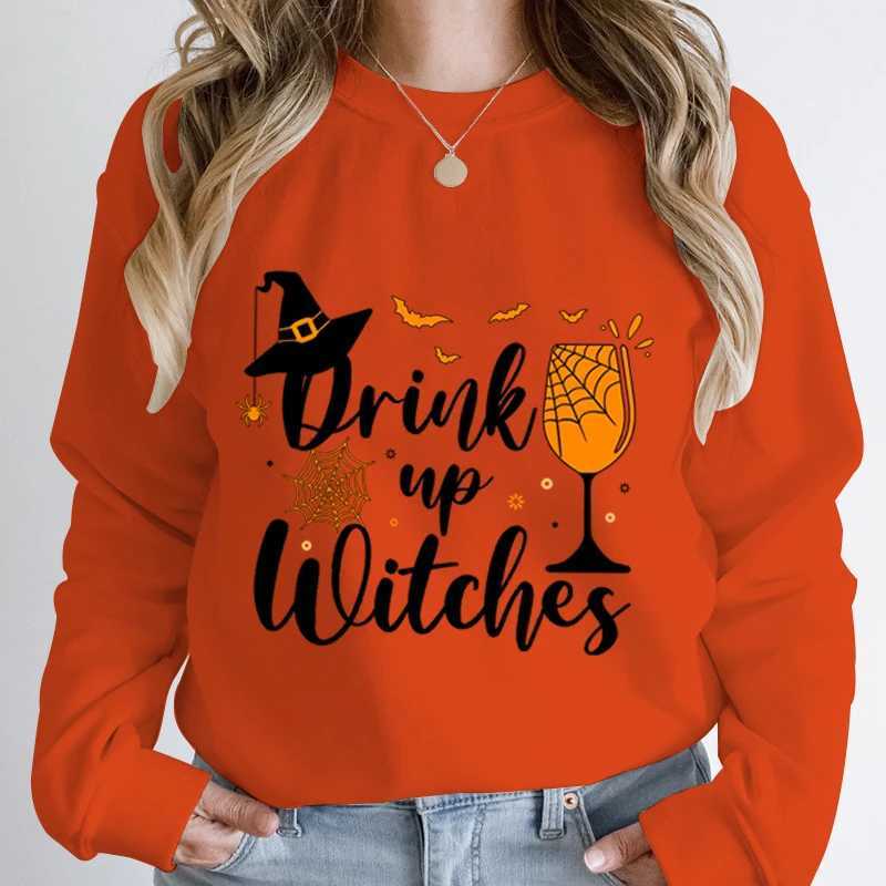 Hallown New Witch Hat Drink Up Witches Print Sweatshirt For Women Autumn And Winter Casual Round Neck Hoodeless Pullovers Tops S260731UD7F