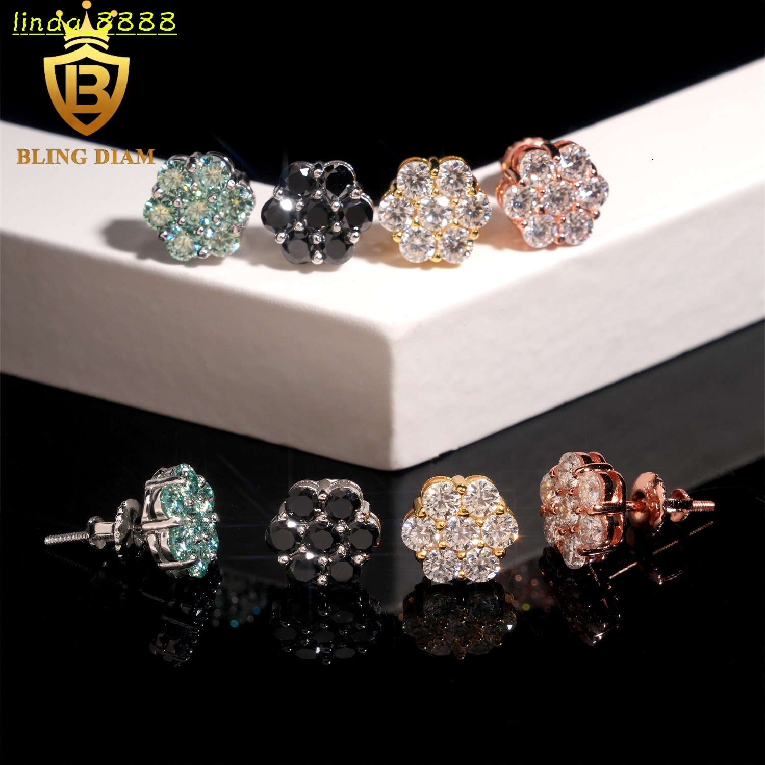 Ready to Ship Fashion Jewelry 925 Sterling Silver Vvs Moissanite Colorful Blue Black Big Flower Earrings for Women Men