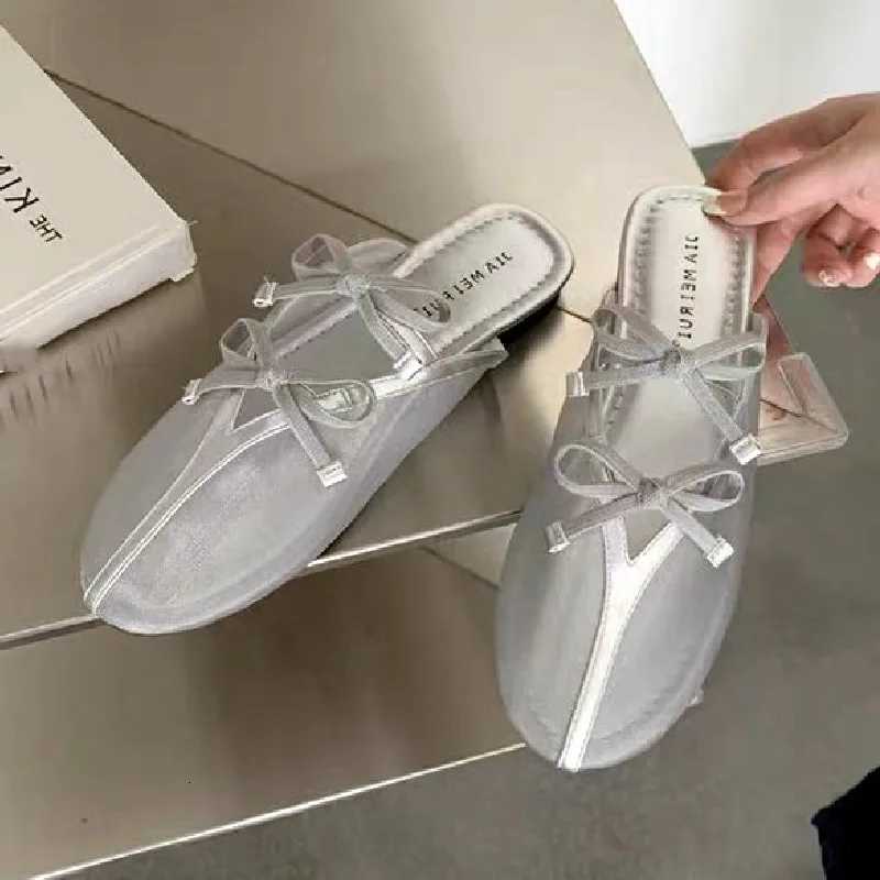 Comfort Mesh Flat Slippers for Women Summer Bow Round Toe Design Breathable Mule Sandals Fashion Soft Bottom Beach Casual Shoes H260801