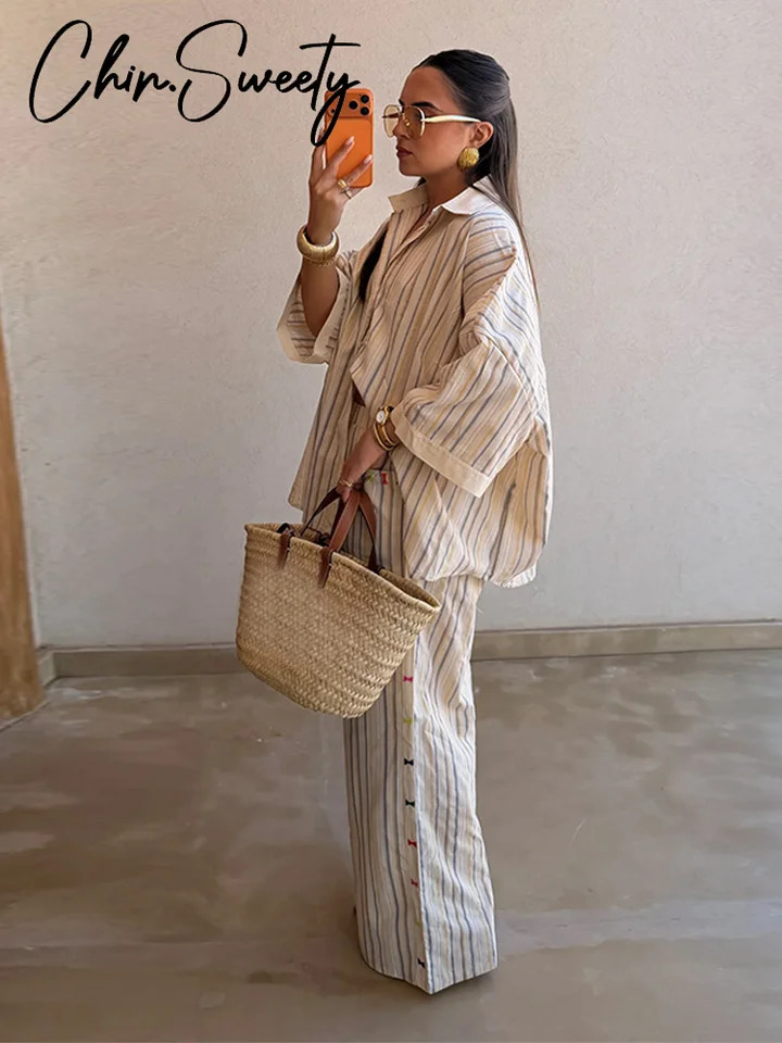 Chic Contrasted Color Women's Shirt Trouser Suits Long Sleeve Turn-Down Collar Loose Wide Leg Pant 2026 Summer Female Outfit 260731