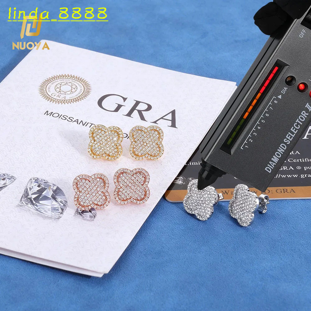 NUOYA New Arrival 925 Sterling Silver Iced Out Diamond Four-Leaf Clover Moissanite Stud Earrings Hip Hop Jewelry for Women