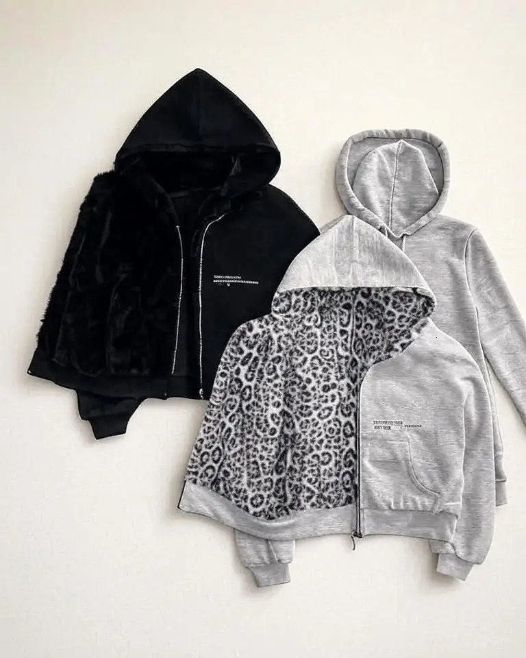 American Fashion Reversible Faux Fur Leopard Zipper Hoodie Mens Womens Oversized Sweatshirt Leopard Print Mink Fur Lining Y2K 260731
