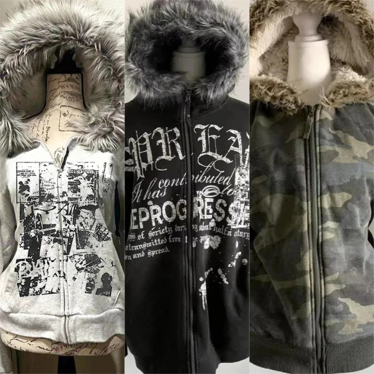 Subculture Gothic Women Coats with Hoodies Vintage Korean Harajuku Black Jackets Faux Fur Coat Female Loose Casual Sweatshirt 260731