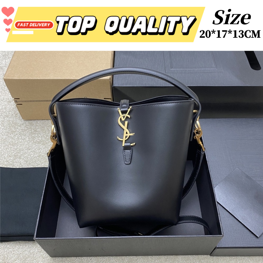 Sac fourre-tout seau en cuir noir massif pour dames, sac à main à décor de logo doré, sac à bandoulière décontracté à large sangle amovible avec