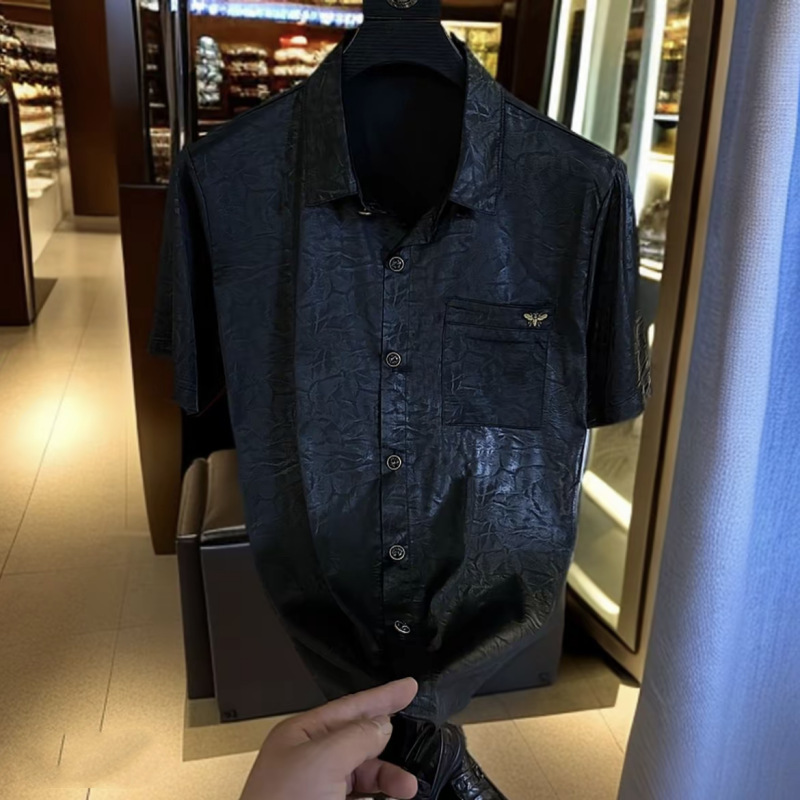 Mens Solid Black Summer Casual Shirt Premium Thin Gloss Textured Fabric Breathable Skin Friendly Material Traditional Button Closure Stylish Metal A