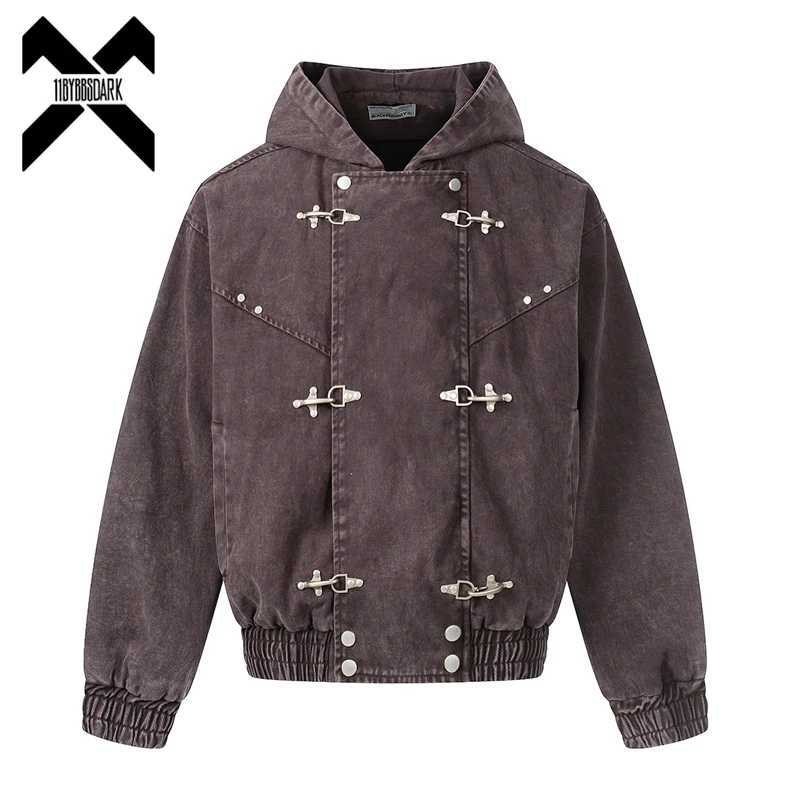 Jacket Denim Vintage Mens Washed Y2K Grunge Hooded Coat High Street Loose Hip Hop Streetwear J260731