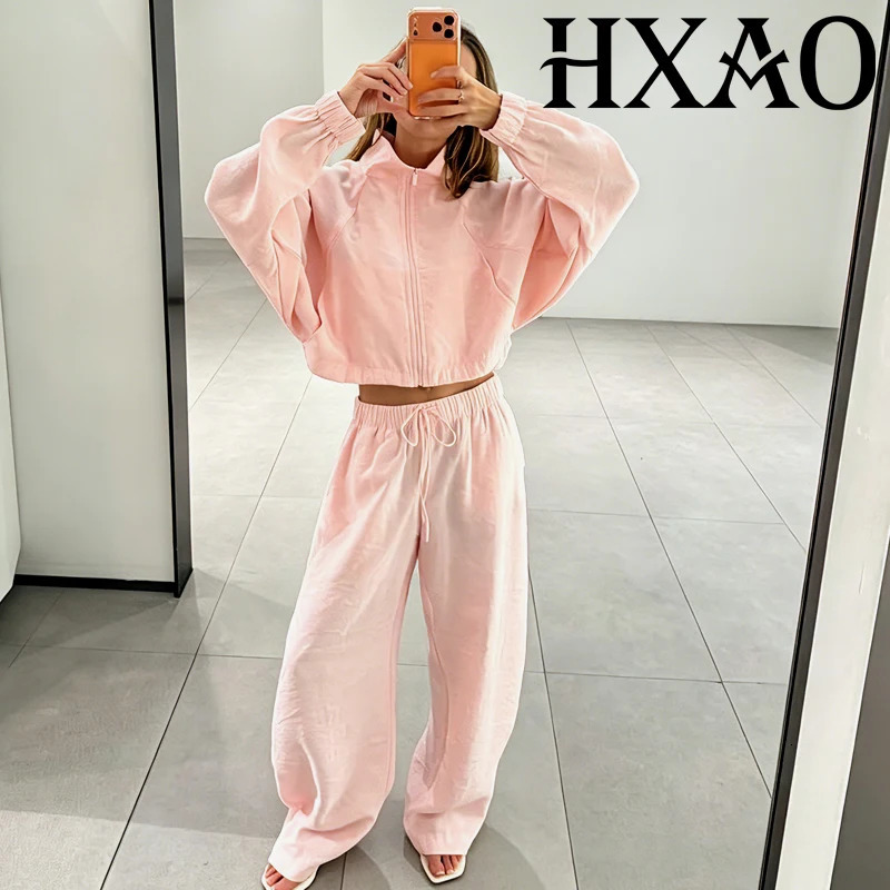 HXAO Women's Pants 2 Piece Set Sportswear Summer Suit Women's Cropped Long Sleeve Top Baggy Pants Set Pink Gray Suit For Fitness 260731