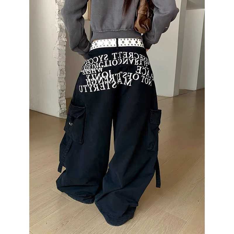 Retro ZHIZOU Length Grunge Strt Jean Letter Print Baggy Pants Womens Oversized Casual Black Denim Trouser S2608010AIN