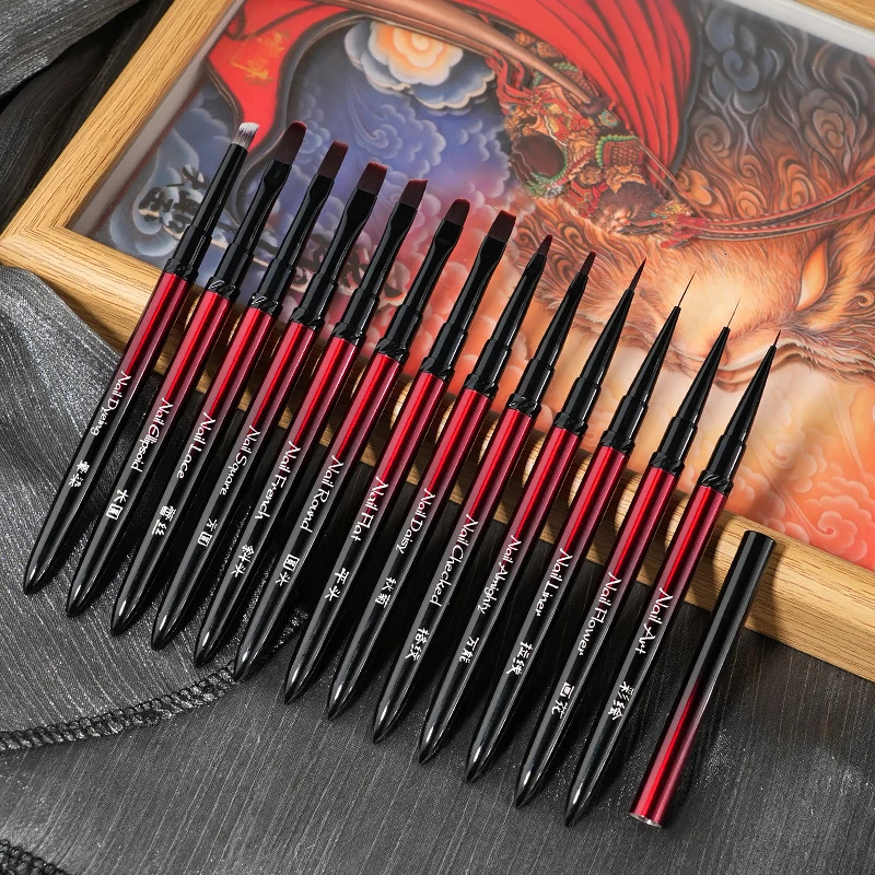 1/13pcs Nail Art Brush Set Black Red Metal Handle Acrylic UV Gel Polish Crystal Acrylic Nail Drawing Tools High Quality 260731