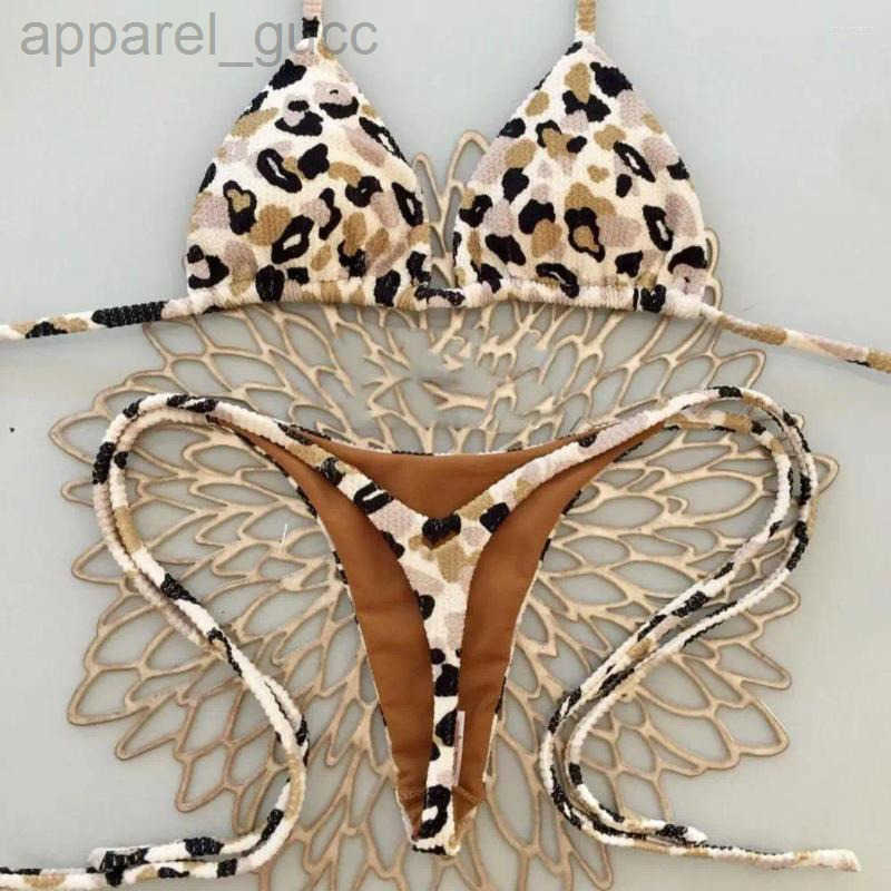Women's Swimwear Stretchy Bikini Set Leopard Print Halter Bra High Waist Lace-up Thong Cherry Brazilian Swimsuit Two For Women