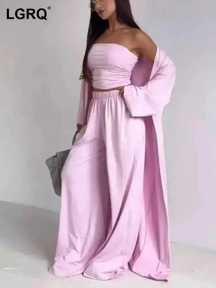 LGRQ Women's Clothing 2026 Summer Casual Strapless Vest Long Cardigan Wide-Leg Pants Three-Piece Set 260731