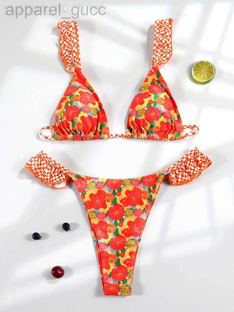 New Ruffle Bikinis Set for Women Sexy Womens Swimsuit 2026 Beach Wear Orange Thong Swimwear mini Swimming Bathing Suit H260413