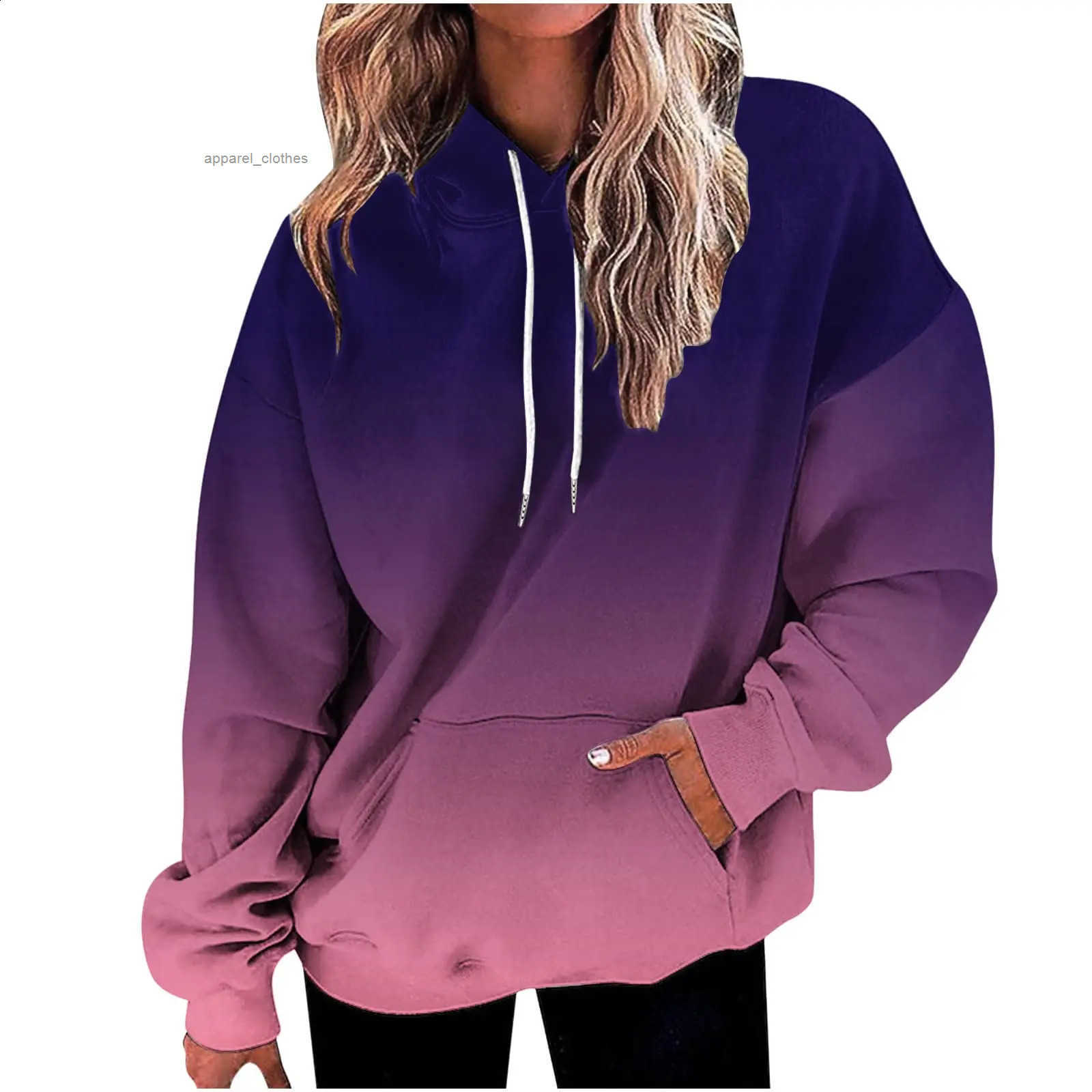 Womens 3D Gradient Printed Long Sleeve Loose Hooded Sweatshirt 2024 Simple Allmatch Ladies Casual Pullover 260321