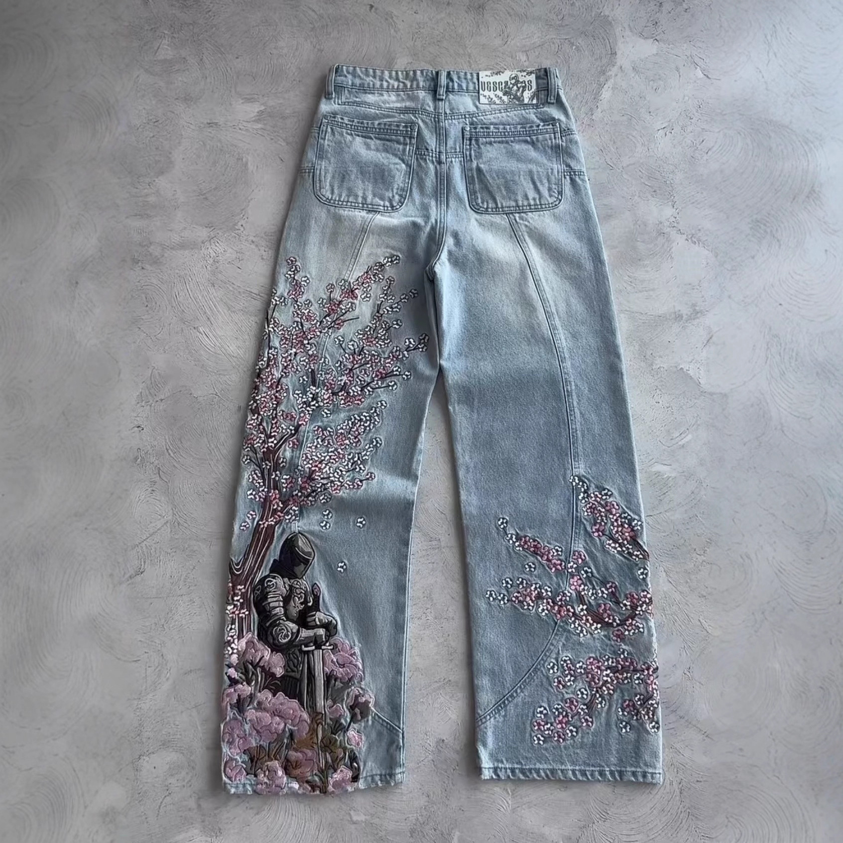 Free Shipping Japanese Style Sakura Knight Embroidery Light Blue Washed Jeans Stitched Panel Wide Leg Loose Casual Streetwear Denim Trousers