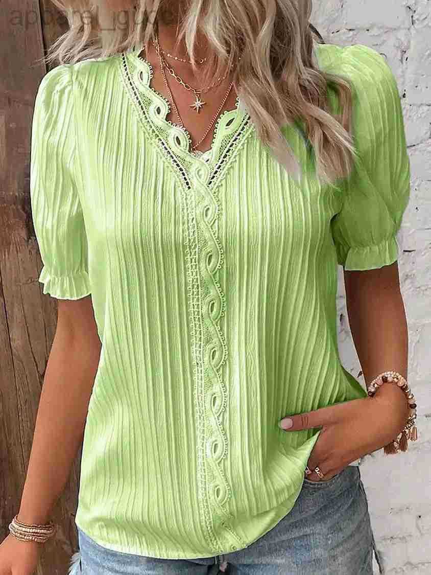 Elegant Women Blouse Shirt V Neck Lace Patchwork Short Sleeve Shirts For Summer Lady Tops 260602