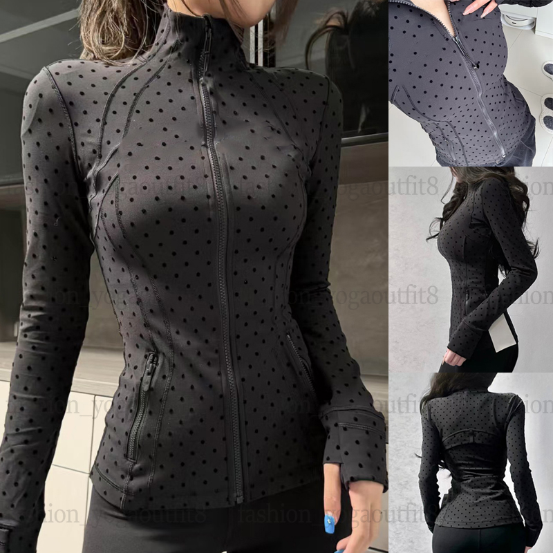 Femmes Yoga Vestes à pois Designer Manches longues Tenue d'entraînement Couleur unie Manteau de sport Fitness Fermeture éclair dorée Slim Jogging